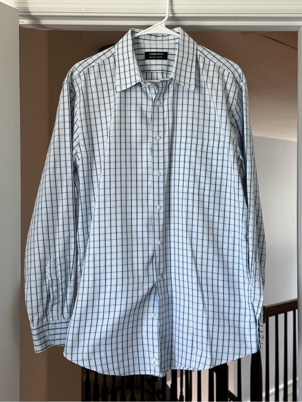 Nordstrom Men’s Light Blue Windowpane Dress Shirt. Trim Fit.